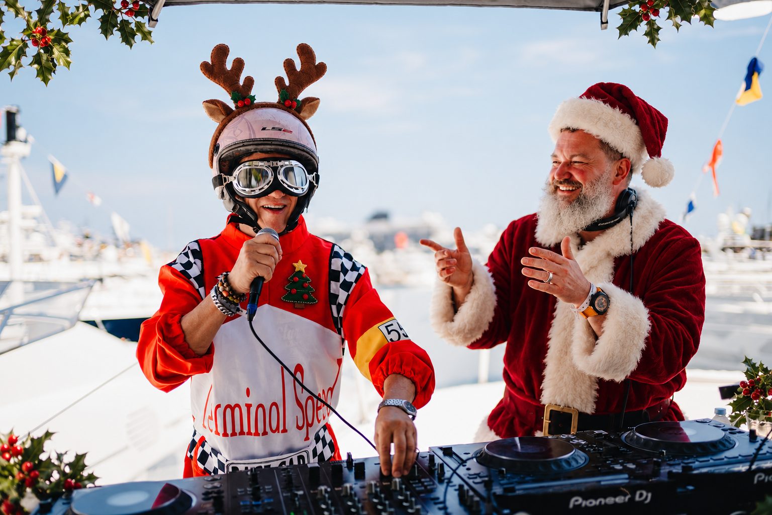 Club Class Christmas party DJs performing in Santa and reindeer costumes